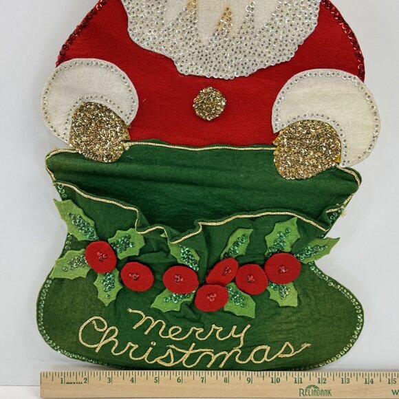 Vintage Handmade Felt Santa Wall Hanging Christmas Card Holder Sequins 23" Retro - Picture 11 of 12